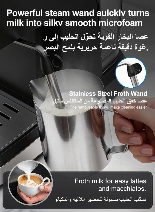 Kawu 20 Bar Semi-Automatic Espresso Coffee Machine with Milk Frother Wand & Removable Water Tank for Home Office Use - Image 3