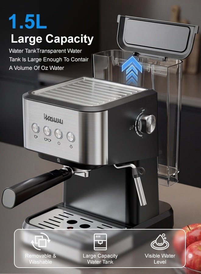 Kawu 20 Bar Semi-Automatic Espresso Coffee Machine with Milk Frother Wand & Removable Water Tank for Home Office Use - Image 4