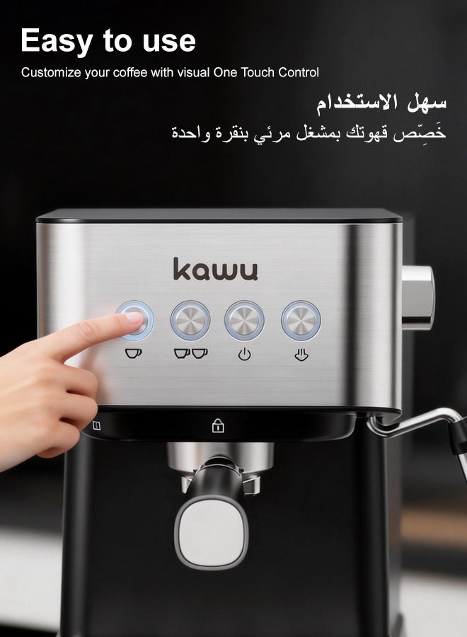 Kawu 20 Bar Semi-Automatic Espresso Coffee Machine with Milk Frother Wand & Removable Water Tank for Home Office Use - Image 5