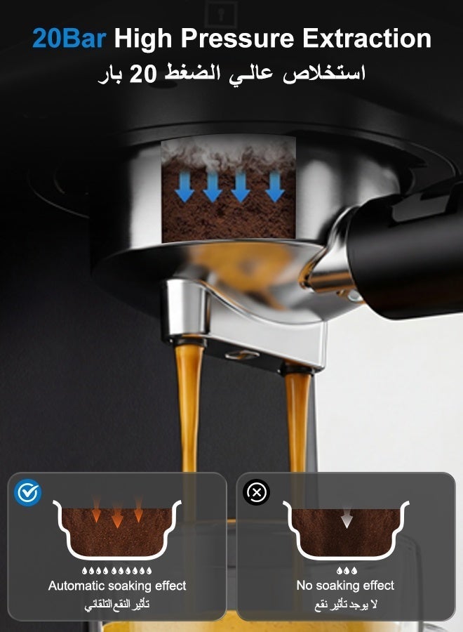 Kawu 20 Bar Semi-Automatic Espresso Coffee Machine with Milk Frother Wand & Removable Water Tank for Home Office Use - Image 2