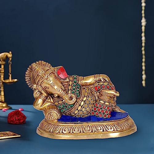 Idol Collections Brass Resting Relaxing Ganesh Inlay Work Figurine - Multicolour, Standard, Height 7 Inches - Image 2