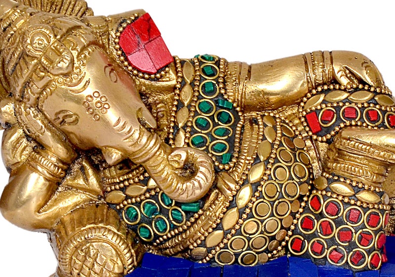 Idol Collections Brass Resting Relaxing Ganesh Inlay Work Figurine - Multicolour, Standard, Height 7 Inches - Image 3