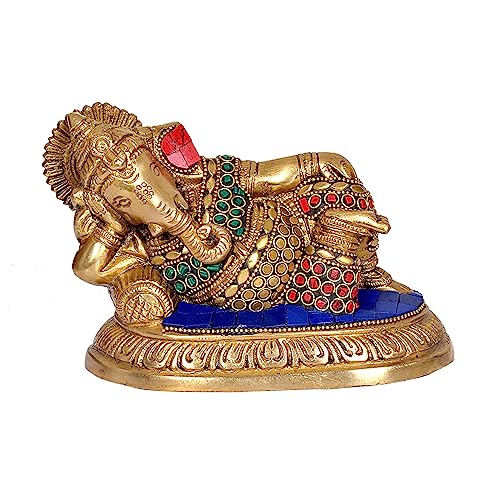 Idol Collections Brass Resting Relaxing Ganesh Inlay Work Figurine - Multicolour, Standard, Height 7 Inches - Image 1