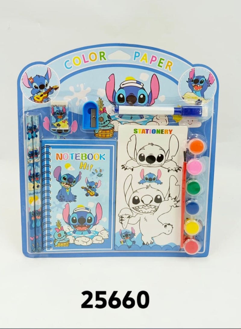 طقم قرطاسية للأطفال بتصميم شخصية ستيتش Stitch – يحتوي على دفتر ملاحظات، ألوان مائية مع فرشاة، أقلام رصاص، ممحاة، براية، وكتاب تلوين – مجموعة متكاملة لتنمية الإبداع والرسم والكتابة