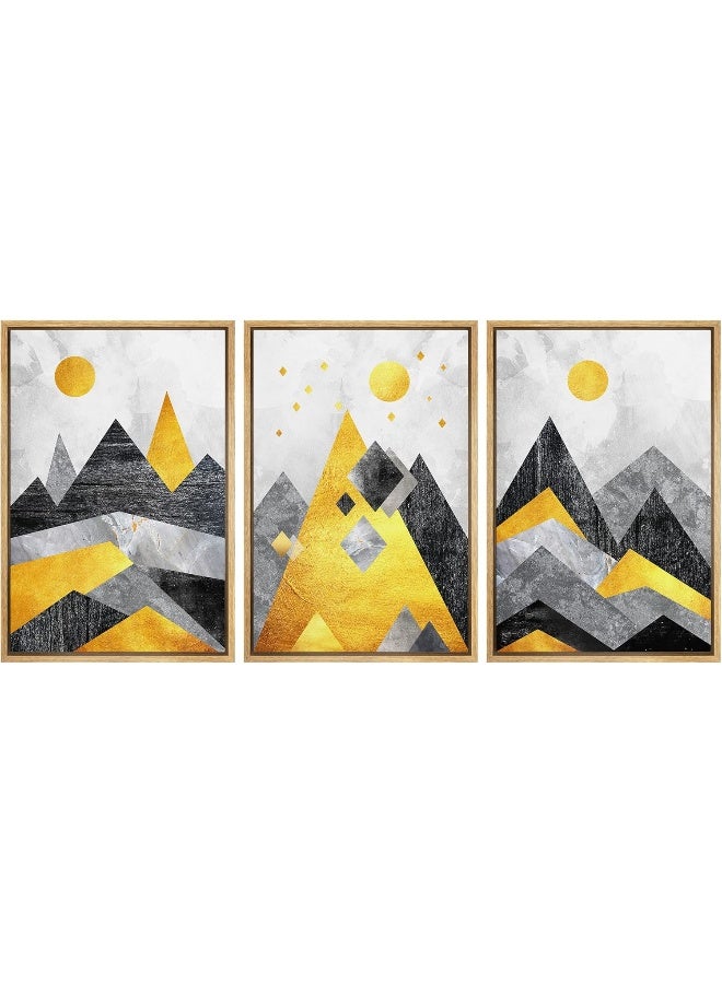 wall26 Framed Wall Art Print Set Black, Yellow and Gray Geometric Mountains Nature Wilderness Illustrations Modern Art Rustic Colorful Multicolor for Living Room, Bedroom, Office - 24"x36"x3 Natural - Image 1