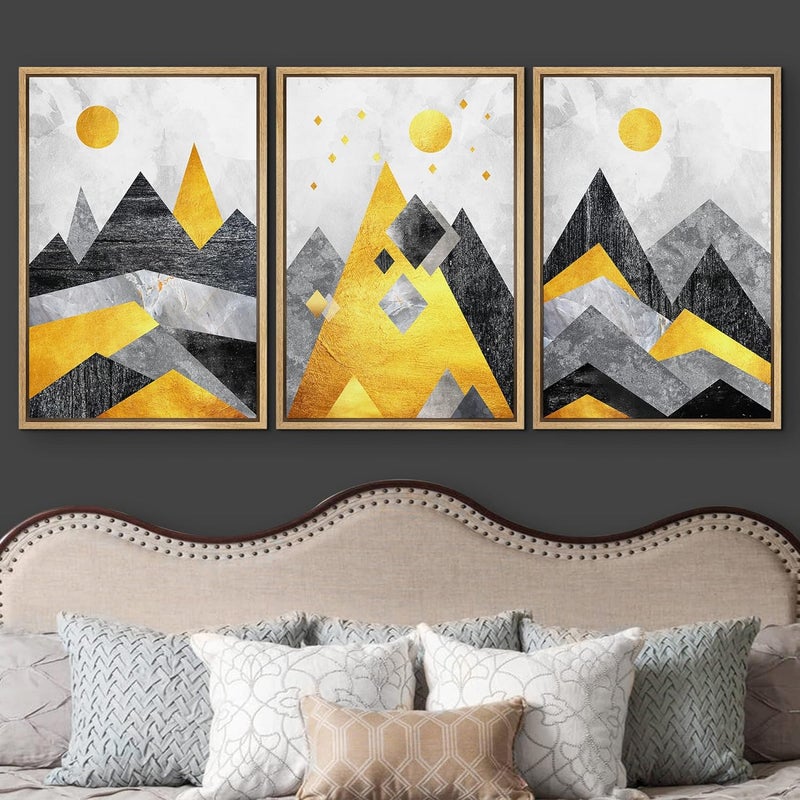 wall26 Framed Wall Art Print Set Black, Yellow and Gray Geometric Mountains Nature Wilderness Illustrations Modern Art Rustic Colorful Multicolor for Living Room, Bedroom, Office - 24"x36"x3 Natural - Image 3
