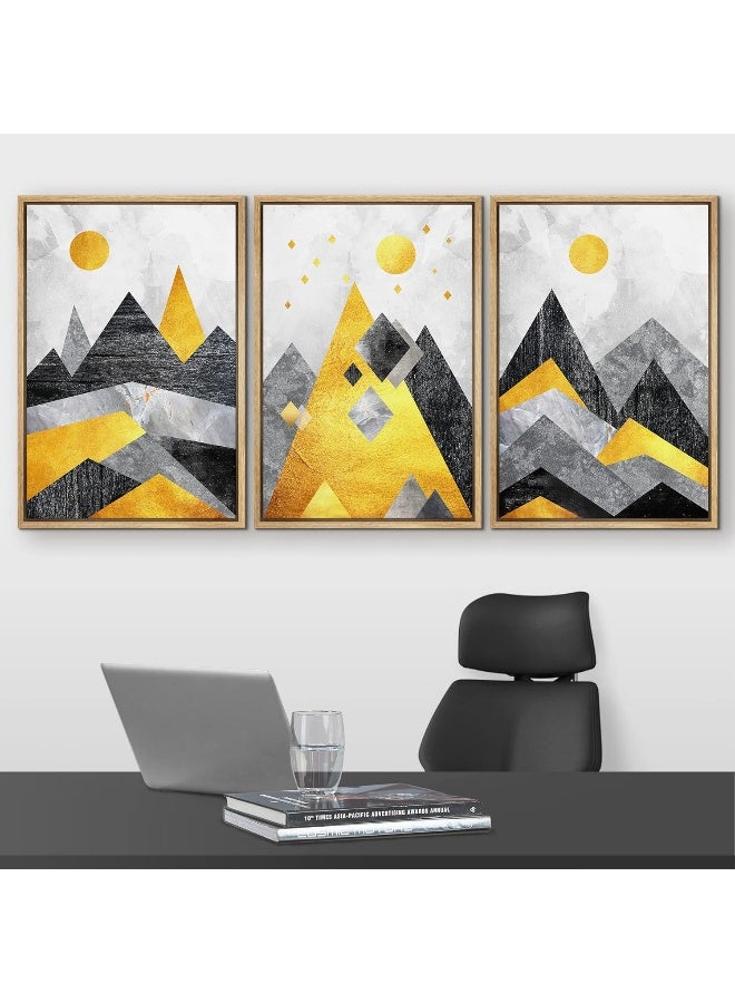 wall26 Framed Wall Art Print Set Black, Yellow and Gray Geometric Mountains Nature Wilderness Illustrations Modern Art Rustic Colorful Multicolor for Living Room, Bedroom, Office - 24"x36"x3 Natural - Image 2