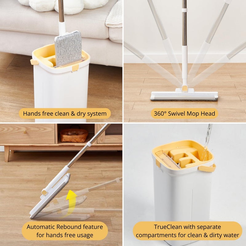 True & Tidy Trueclean Mop & Bucket نظام مضخة ممسحة دوارة بانتظار الحصول على براءة اختراع، 3 أقسام، مياه نظيفة وقذرة منفصلة، ​​رأس من الألومنيوم ذاتي عصرها بدون استخدام اليدين، وسادات قابلة للغسل في الغسالة في صندوق هدايا - Image 4