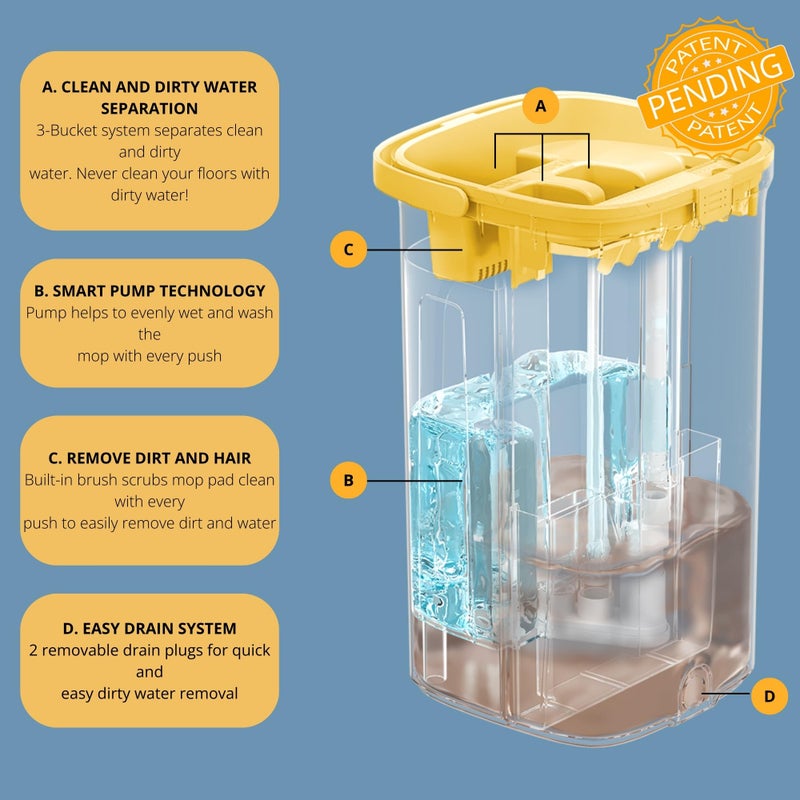 True & Tidy Trueclean Mop & Bucket نظام مضخة ممسحة دوارة بانتظار الحصول على براءة اختراع، 3 أقسام، مياه نظيفة وقذرة منفصلة، ​​رأس من الألومنيوم ذاتي عصرها بدون استخدام اليدين، وسادات قابلة للغسل في الغسالة في صندوق هدايا - Image 2