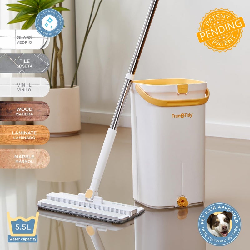 True & Tidy Trueclean Mop & Bucket نظام مضخة ممسحة دوارة بانتظار الحصول على براءة اختراع، 3 أقسام، مياه نظيفة وقذرة منفصلة، ​​رأس من الألومنيوم ذاتي عصرها بدون استخدام اليدين، وسادات قابلة للغسل في الغسالة في صندوق هدايا - Image 3