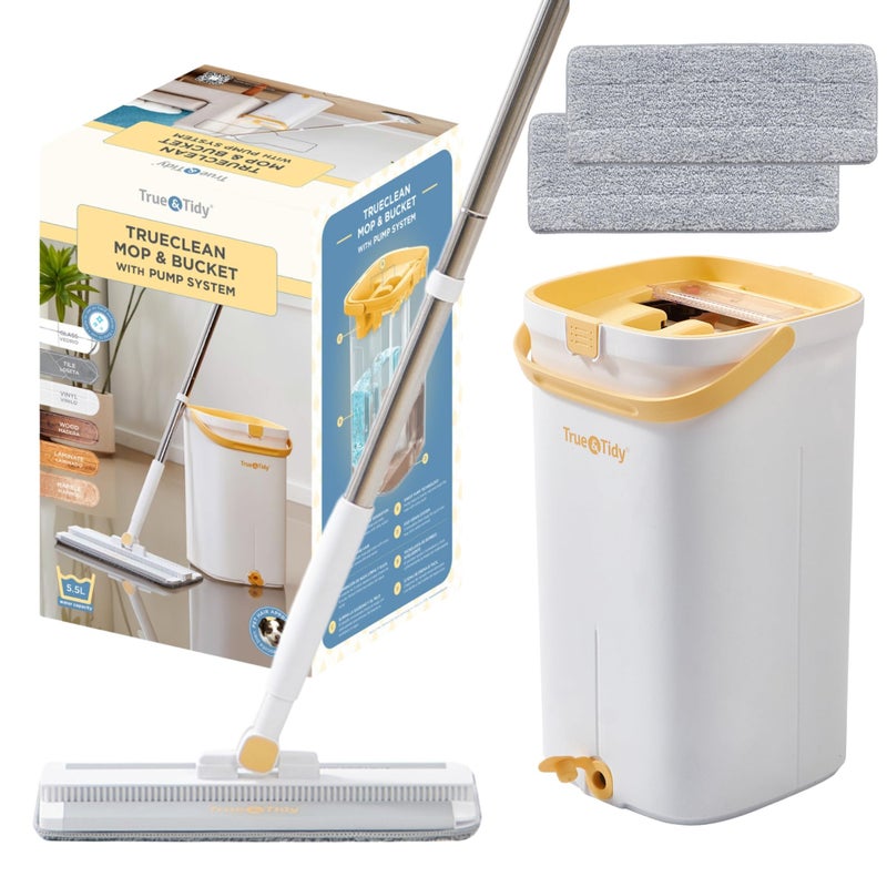 True & Tidy Trueclean Mop & Bucket نظام مضخة ممسحة دوارة بانتظار الحصول على براءة اختراع، 3 أقسام، مياه نظيفة وقذرة منفصلة، ​​رأس من الألومنيوم ذاتي عصرها بدون استخدام اليدين، وسادات قابلة للغسل في الغسالة في صندوق هدايا - Image 1