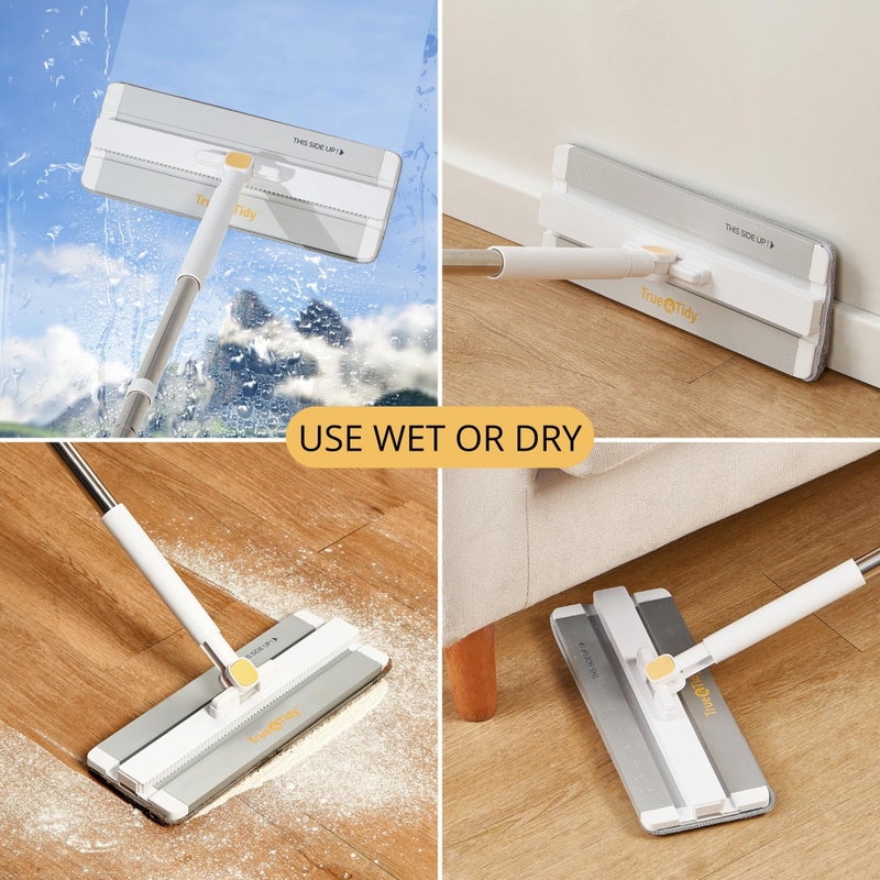 True & Tidy Trueclean Mop & Bucket نظام مضخة ممسحة دوارة بانتظار الحصول على براءة اختراع، 3 أقسام، مياه نظيفة وقذرة منفصلة، ​​رأس من الألومنيوم ذاتي عصرها بدون استخدام اليدين، وسادات قابلة للغسل في الغسالة في صندوق هدايا - Image 5