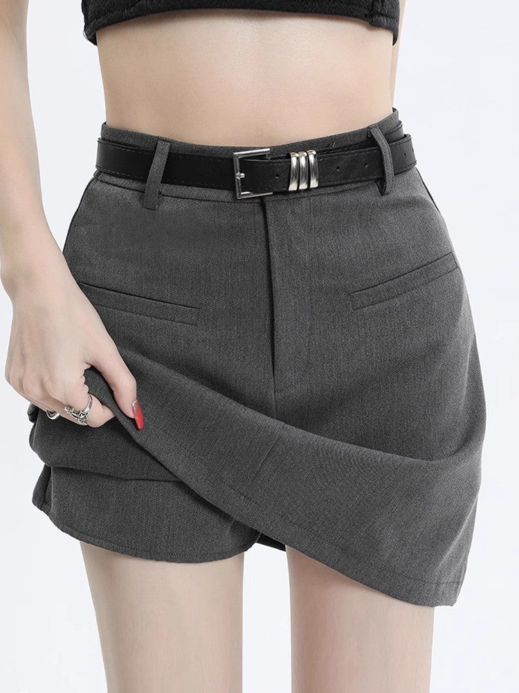 Chic High-Waist Grey A-Line Skirt for Women Summer 2024 Black Belt - Image 2