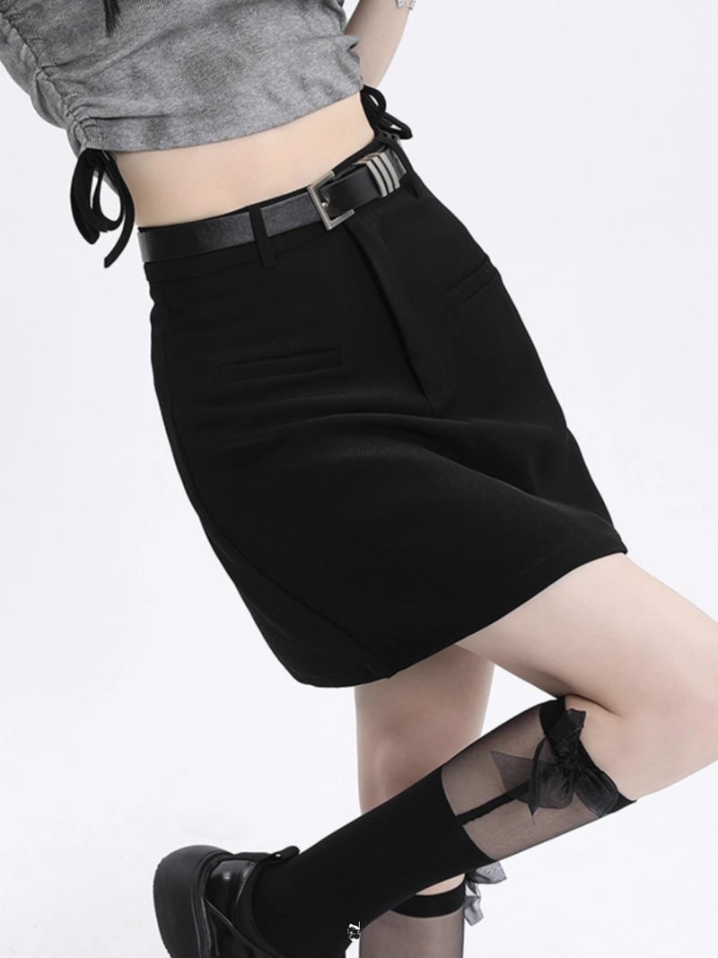 Chic High-Waist Grey A-Line Skirt for Women Summer 2024 Black Belt - Image 3