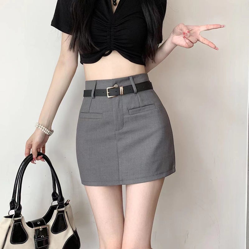 Chic High-Waist Grey A-Line Skirt for Women Summer 2024 Black Belt - Image 4