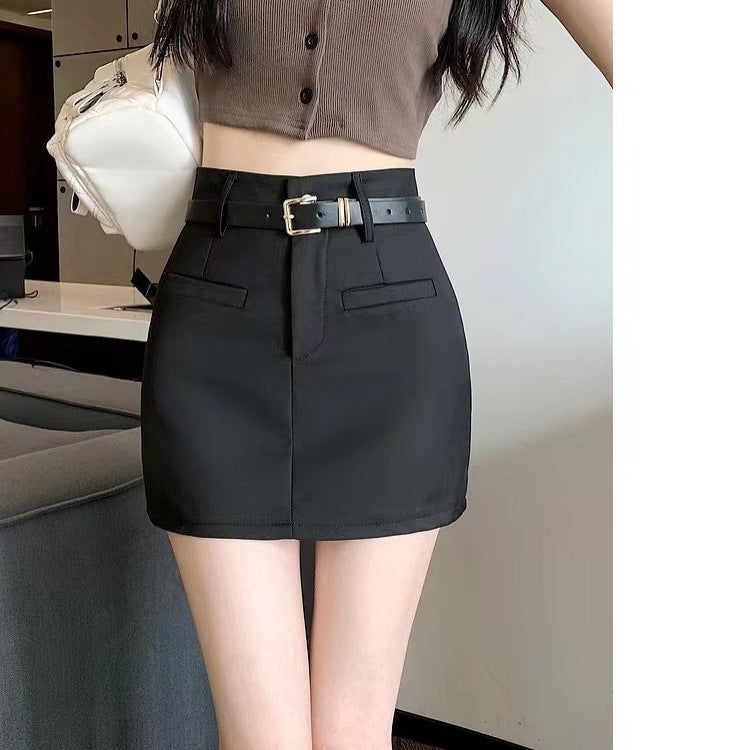 Chic High-Waist Grey A-Line Skirt for Women Summer 2024 Black Belt - Image 5