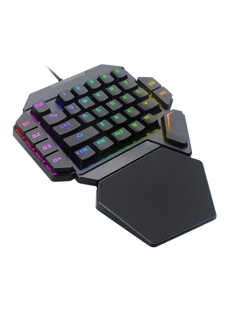لوحة مفاتيح ميكانيكية RGB بيد واحدة، لوحة مفاتيح نصف لعب مريحة 35 مفتاح مع إضاءة خلفية قوس قزح، لوحة مفاتيح ألعاب سلكية صغيرة مزودة بمفتاح USB، وحدة تحكم ألعاب بيد واحدة مع دعم راحة المعصم. - Image 1
