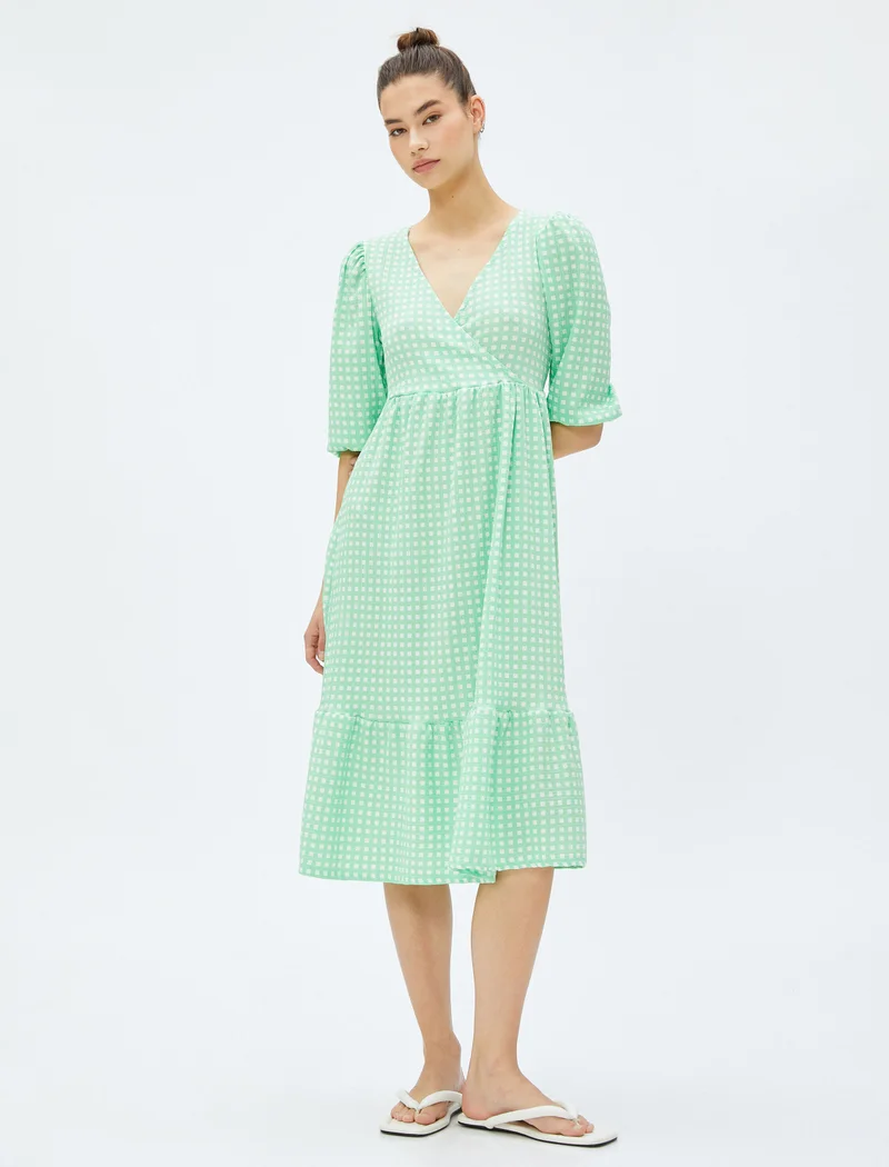 كوتون V Neck Puff Sleeve Ruffle Wrap Over Midi Dress