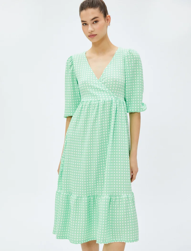كوتون V Neck Puff Sleeve Ruffle Wrap Over Midi Dress