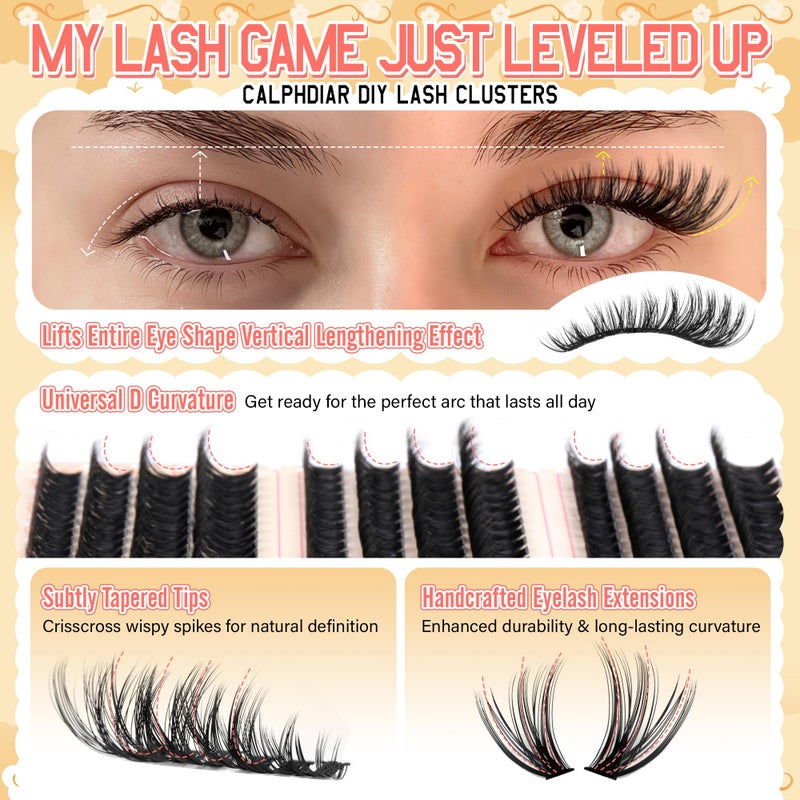 calphdiar Lash Clusters Kit 30D-100D Wispy Eyelash Extension Kit 474pcs Individual Lashes 8-16MM Cluster Eyelash Extensions DIY Lash Extension Kit D-Curly Eyelash Clusters with Lash Bond and Seal Lash Tweezers - Image 5
