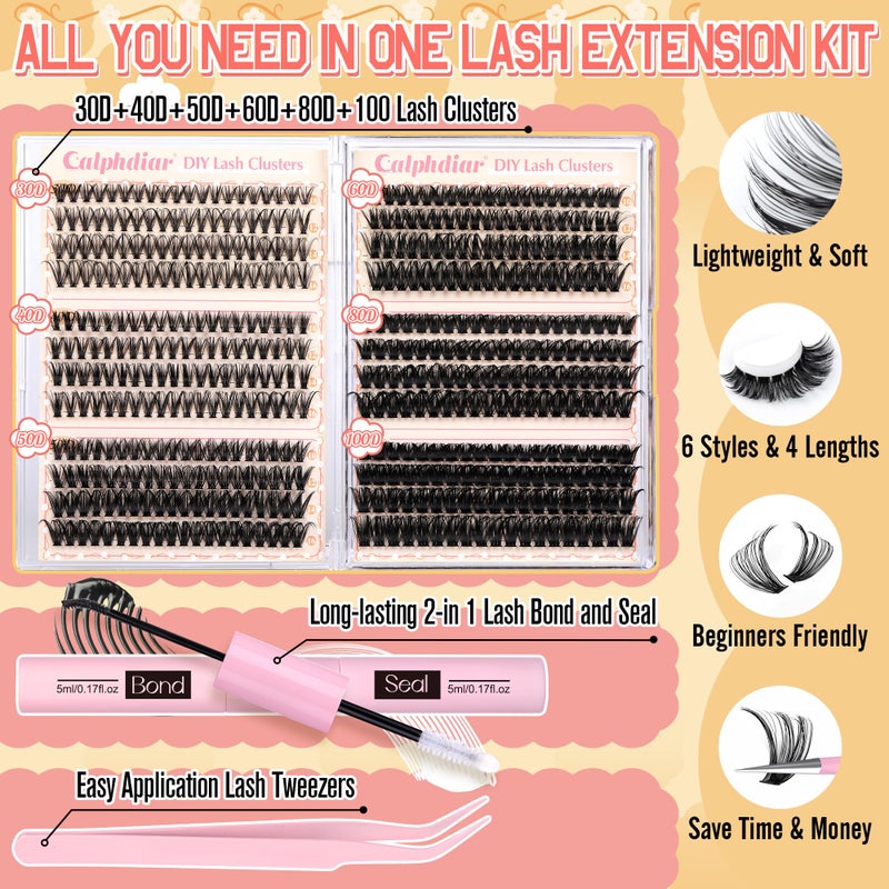 calphdiar Lash Clusters Kit 30D-100D Wispy Eyelash Extension Kit 474pcs Individual Lashes 8-16MM Cluster Eyelash Extensions DIY Lash Extension Kit D-Curly Eyelash Clusters with Lash Bond and Seal Lash Tweezers - Image 3