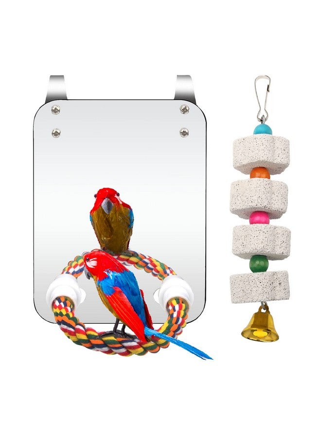 Catcan Bird Cage Mirror, Bird Mirror with Perch Rope for Cage Cockatiels Cotton Rope Standing Bar Parrot Mirror with Parrot Molar Toy Pendant - Image 1