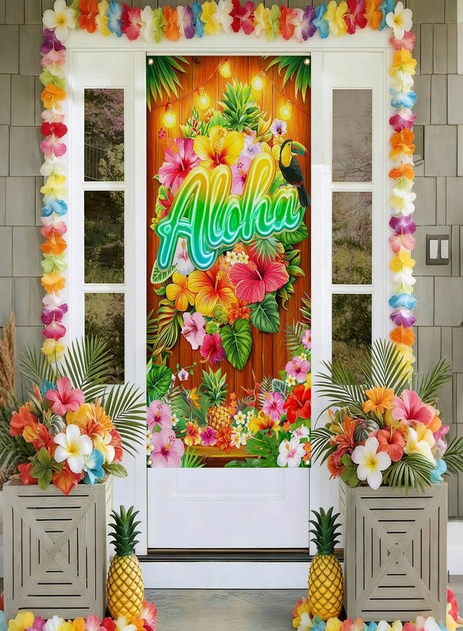 موكسيكا غطاء باب Mocsicka Aloha، لافتة باب بار تيكي، غطاء باب حفلة هاواي الصيفية، ديكورات حفلات ألوها الاستوائية، خلفية للتصوير الفوتوغرافي (أخضر، 35.4 × 70.8 بوصة) - Image 1
