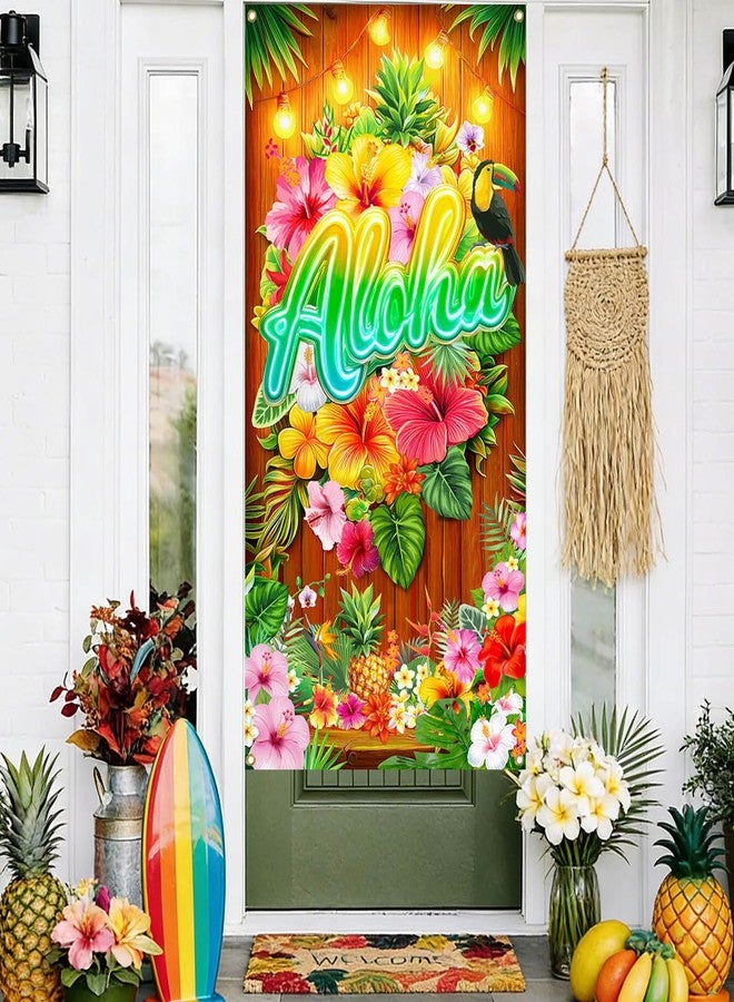 موكسيكا غطاء باب Mocsicka Aloha، لافتة باب بار تيكي، غطاء باب حفلة هاواي الصيفية، ديكورات حفلات ألوها الاستوائية، خلفية للتصوير الفوتوغرافي (أخضر، 35.4 × 70.8 بوصة) - Image 3
