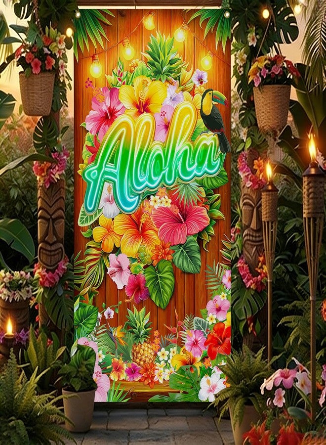 موكسيكا غطاء باب Mocsicka Aloha، لافتة باب بار تيكي، غطاء باب حفلة هاواي الصيفية، ديكورات حفلات ألوها الاستوائية، خلفية للتصوير الفوتوغرافي (أخضر، 35.4 × 70.8 بوصة) - Image 4
