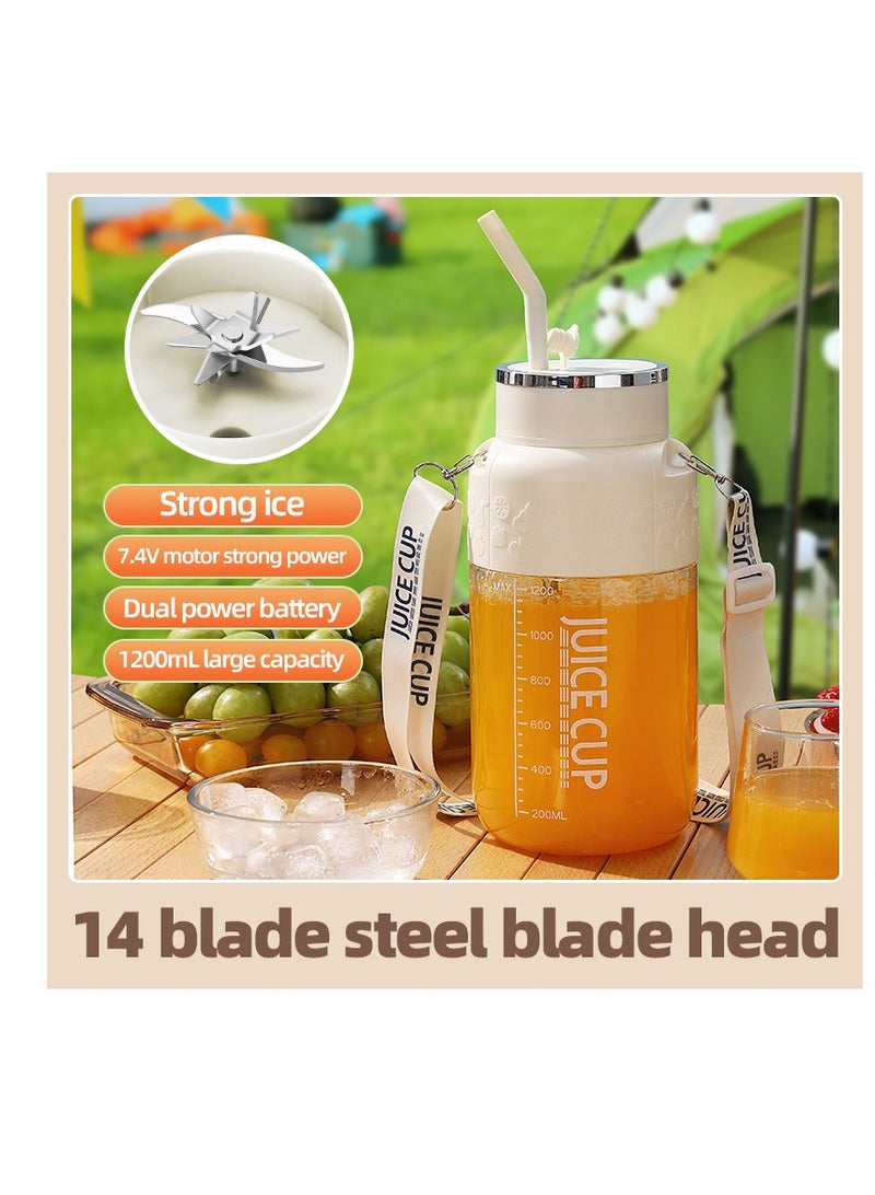 Portable Wireless Juicing Cup - 1200ml Electric Sports Blender with 14 Stainless Steel Blades, USB Rechargeable, Dual Speed, Direct Drinking & Ice Crushing, Large Capacity Juice Maker for Home Office Travel Fitness（K3-White）  - Image 2