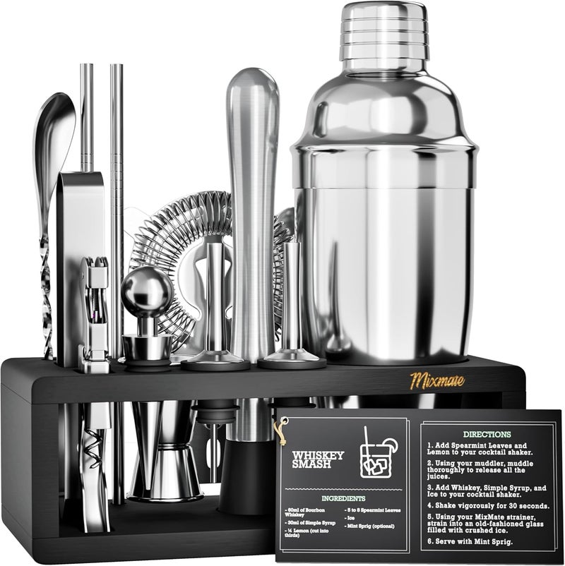 MixMate Mixology Bartender Kit with Stand - 15 Piece Bar Tool Set, Silver Bar Set Cocktail Shaker Set for Drink Mixing - Includes Martini Shaker, Jigger, Strainer, Bar Mixer Spoon, Tongs, Opener | Gift Idea - Image 1