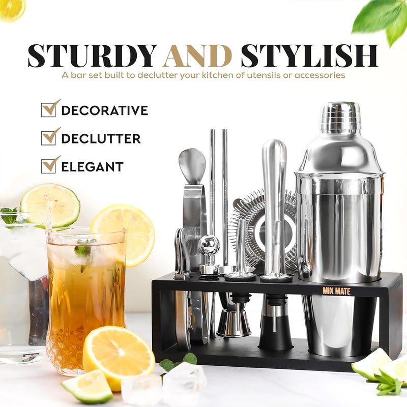 MixMate Mixology Bartender Kit with Stand - 15 Piece Bar Tool Set, Silver Bar Set Cocktail Shaker Set for Drink Mixing - Includes Martini Shaker, Jigger, Strainer, Bar Mixer Spoon, Tongs, Opener | Gift Idea - Image 2
