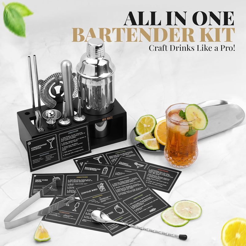 MixMate Mixology Bartender Kit with Stand - 15 Piece Bar Tool Set, Silver Bar Set Cocktail Shaker Set for Drink Mixing - Includes Martini Shaker, Jigger, Strainer, Bar Mixer Spoon, Tongs, Opener | Gift Idea - Image 4