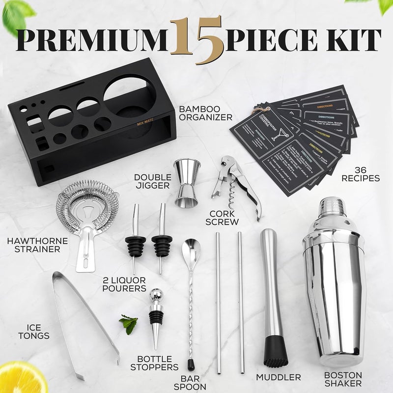 MixMate Mixology Bartender Kit with Stand - 15 Piece Bar Tool Set, Silver Bar Set Cocktail Shaker Set for Drink Mixing - Includes Martini Shaker, Jigger, Strainer, Bar Mixer Spoon, Tongs, Opener | Gift Idea - Image 3