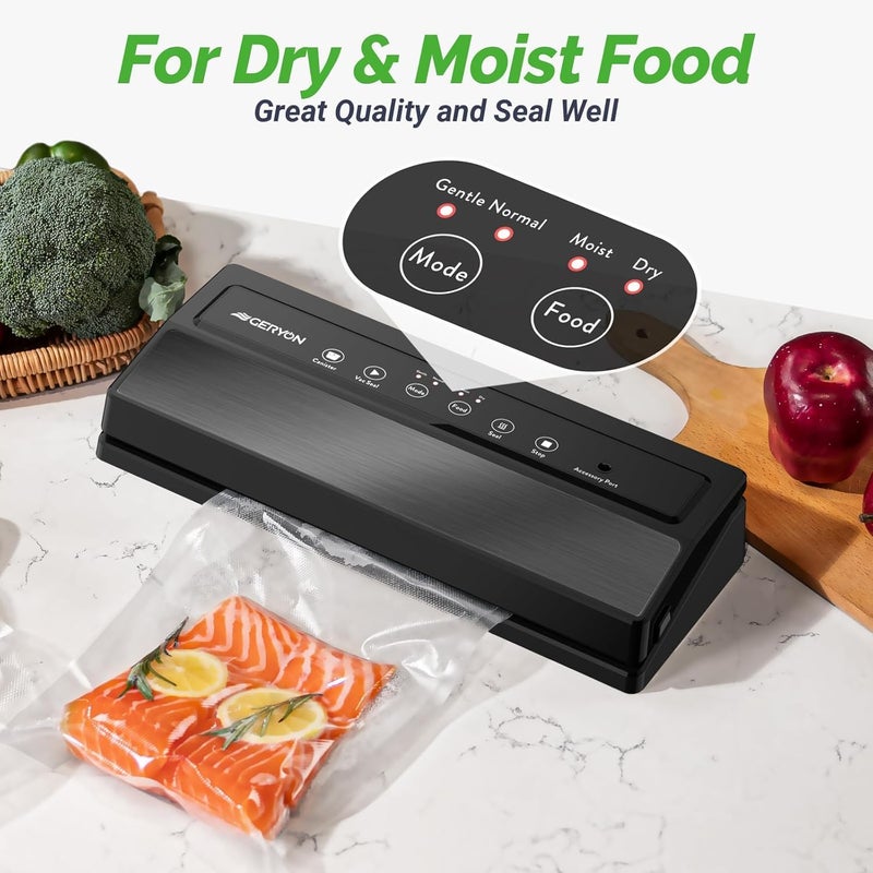 GERYON Vacuum Sealer Machine, Food Vacuum Sealer with Powerful Suction | Slim Design | Easy to Use | Led Indicator Lights for Sous Vide, Meal Prep, w/Starter Kits for Vacuum Seal Container (Black） - Image 2