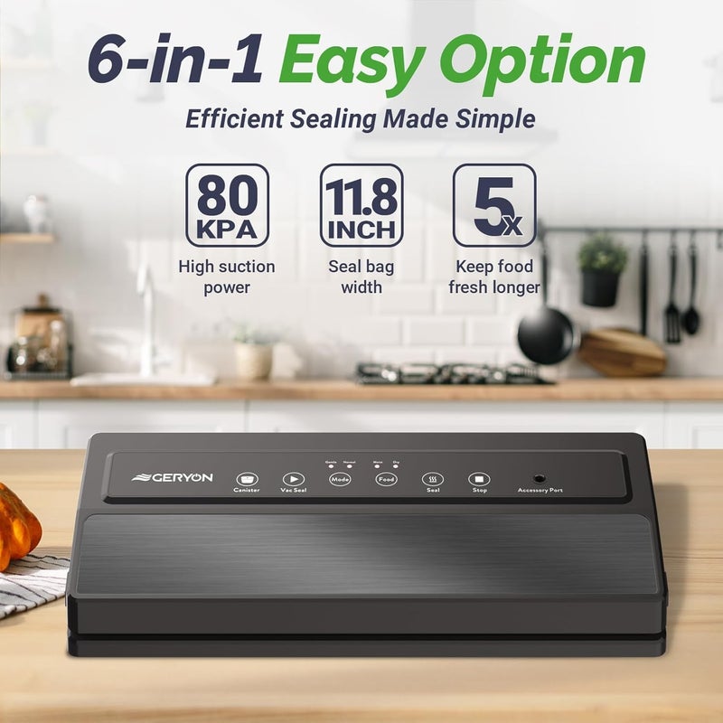 GERYON Vacuum Sealer Machine, Food Vacuum Sealer with Powerful Suction | Slim Design | Easy to Use | Led Indicator Lights for Sous Vide, Meal Prep, w/Starter Kits for Vacuum Seal Container (Black） - Image 4