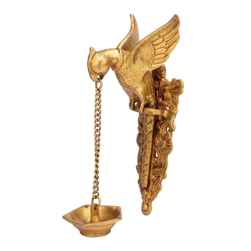 Kartique Brass Parrot Design Hanging Diya with Chain Yellow_39 Inch X 43 Inch X 94 Inch - Image 1