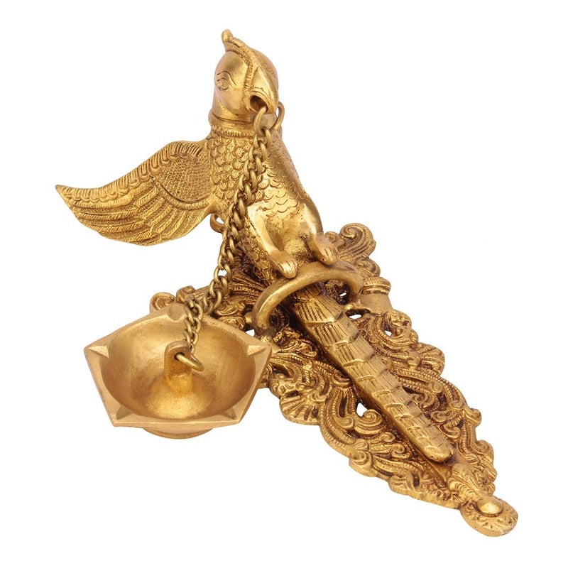 Kartique Brass Parrot Design Hanging Diya with Chain Yellow_39 Inch X 43 Inch X 94 Inch - Image 3