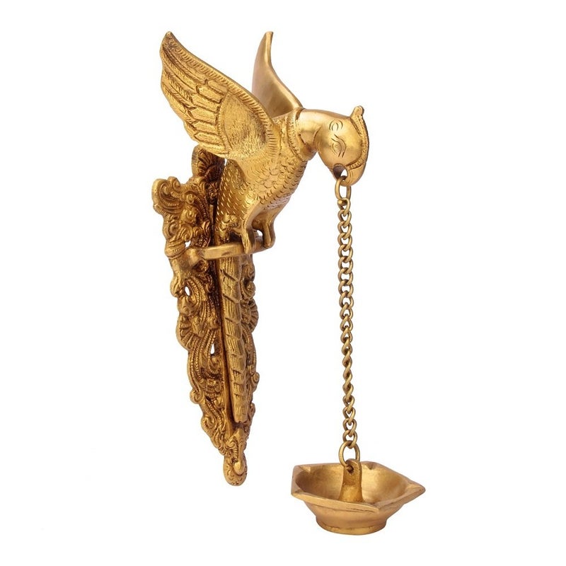Kartique Brass Parrot Design Hanging Diya with Chain Yellow_39 Inch X 43 Inch X 94 Inch - Image 2