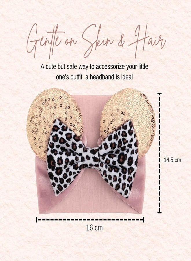 ANNACREATIONS ANNA CREATIONS 1 Pc Baby Girls Sequin Ears Headband with Leopard Print Bow, Soft Stretchy Hairband for Newborns, Infants & Toddlers – Cute and Comfortable Baby Hair Accessory (Pink & Gold) - Image 2