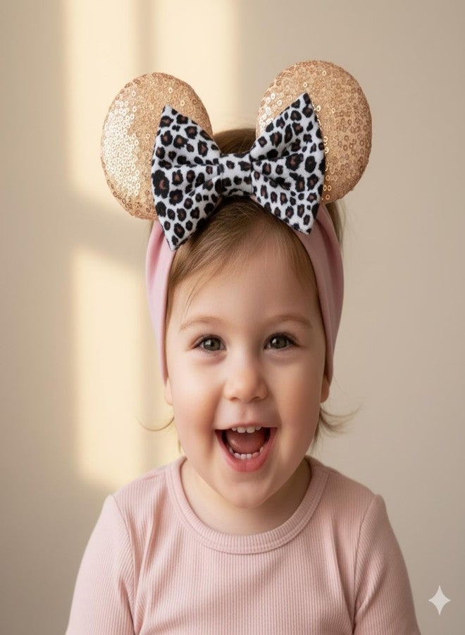 ANNACREATIONS ANNA CREATIONS 1 Pc Baby Girls Sequin Ears Headband with Leopard Print Bow, Soft Stretchy Hairband for Newborns, Infants & Toddlers – Cute and Comfortable Baby Hair Accessory (Pink & Gold) - Image 5