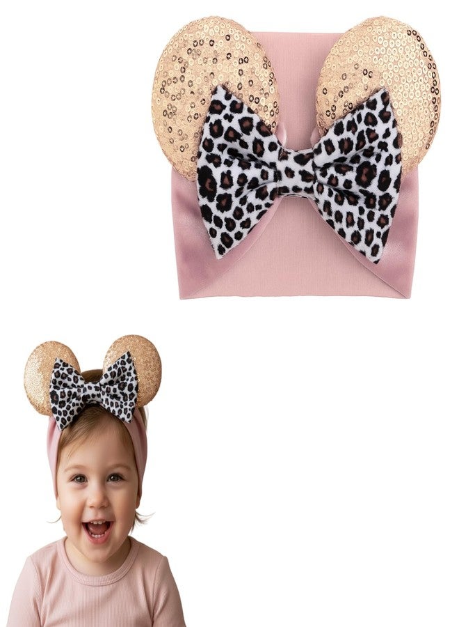 ANNACREATIONS ANNA CREATIONS 1 Pc Baby Girls Sequin Ears Headband with Leopard Print Bow, Soft Stretchy Hairband for Newborns, Infants & Toddlers – Cute and Comfortable Baby Hair Accessory (Pink & Gold) - Image 1