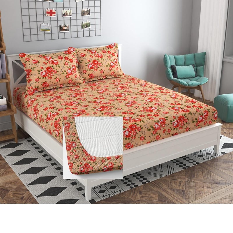 Syriddyaas Premium CottonMix Elastic Fitted Bedsheet with 2 Pillow Covers for Double Bed with All Around Elastic 140 TC Supersoft Size 72x78 Fit Upto 6 Inches Mattress Color Peach  - Image 1