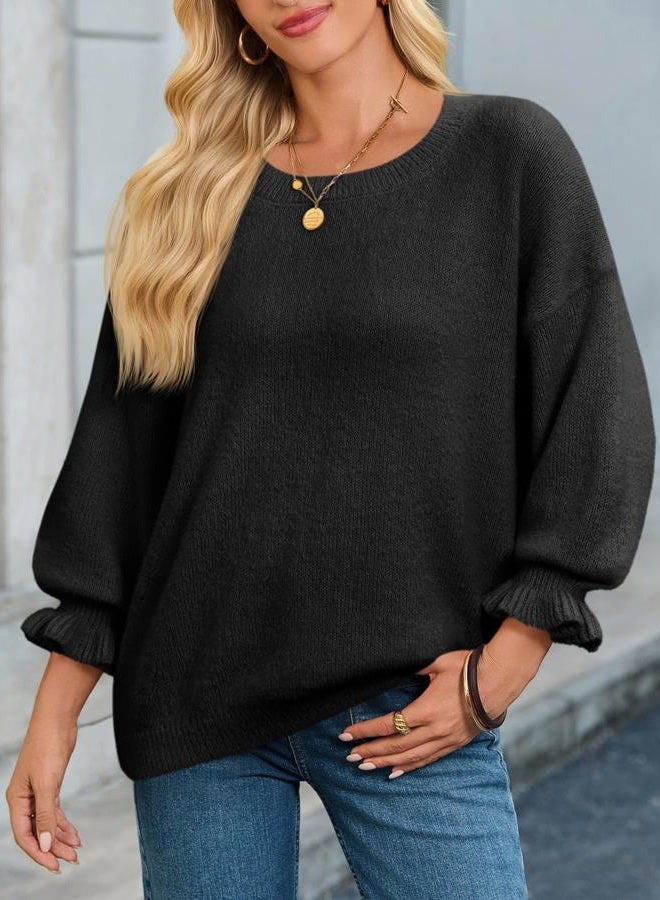 Cicy Bell Womens Ruffle Puff Sleeve Sweaters Tops Fuzzy Crew Neck Oversized Knit Fall Loose Fit Pullover Sweaters, Black, S - Image 4