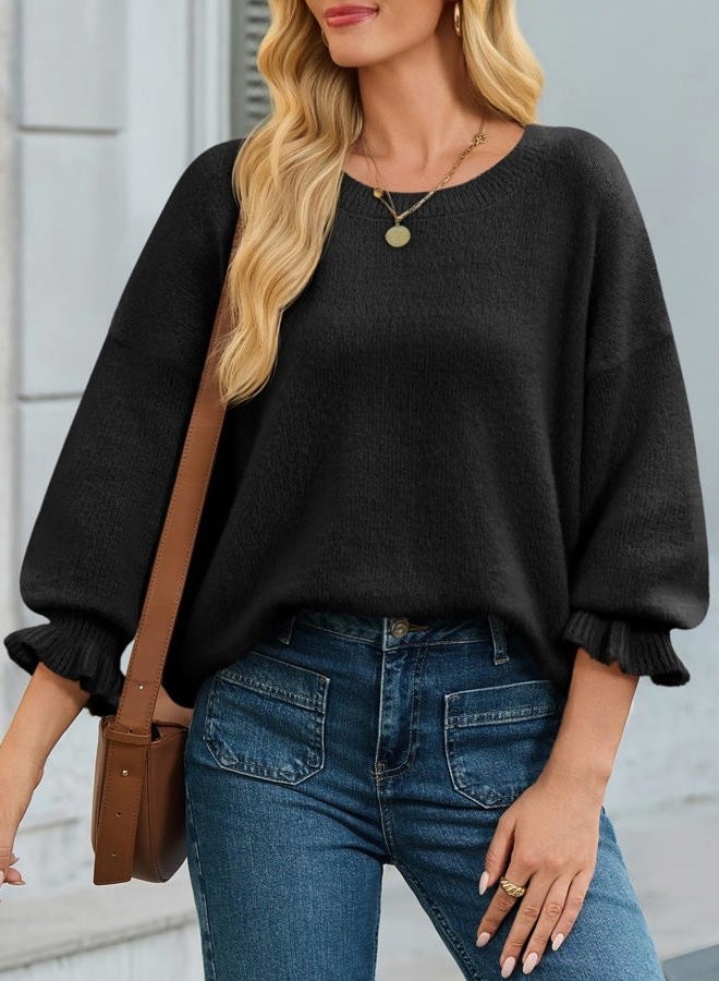 Cicy Bell Womens Ruffle Puff Sleeve Sweaters Tops Fuzzy Crew Neck Oversized Knit Fall Loose Fit Pullover Sweaters, Black, S - Image 2