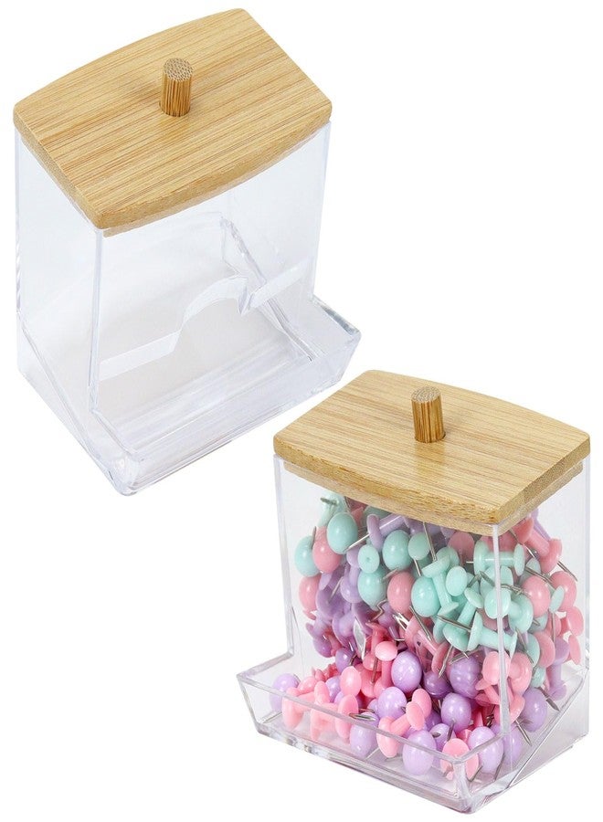 MultiBey Mulitbey 2-Pack Acrylic Paper Clip Holder with Bamboo Lid - Thick Acrylic Self-Dispensing Desk Organizer Square Paper clip dispenser Cute Qtip Holder for Office, Vanity Bathroom (Clips Not Included) - Image 1