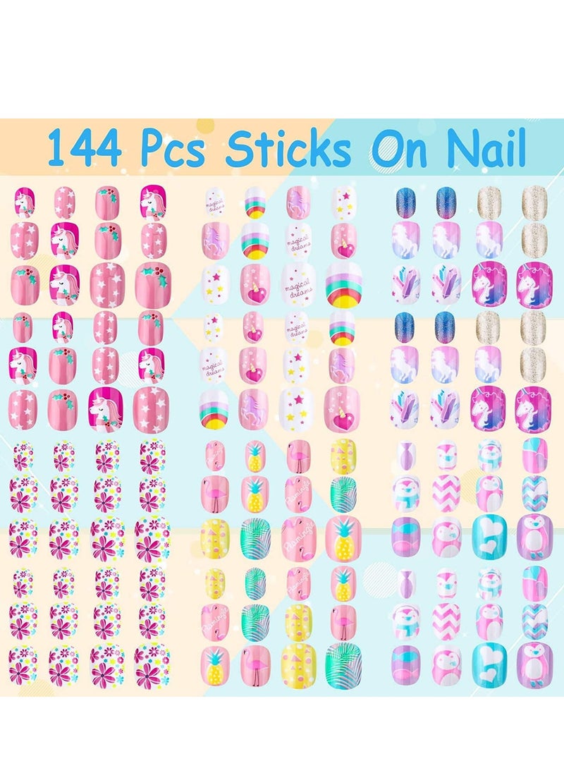 Captaintech Kids Press on Nails Grils, 144 Pieces Children Fake Artificial False Nail Tips Pre Glue Full Cover Short Acrylic for Girls Kids Art Decoration (Rainbow Sky) (pink)  - Image 3