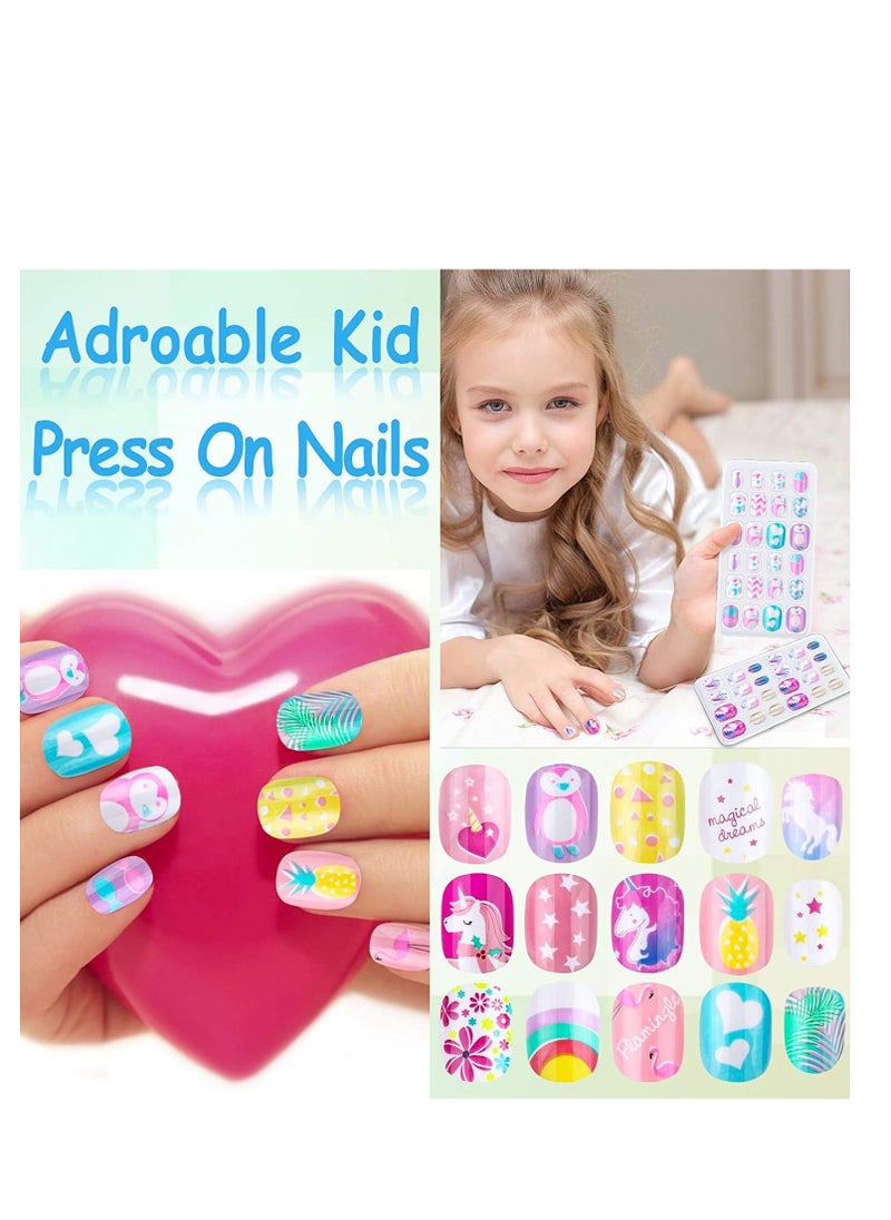 Captaintech Kids Press on Nails Grils, 144 Pieces Children Fake Artificial False Nail Tips Pre Glue Full Cover Short Acrylic for Girls Kids Art Decoration (Rainbow Sky) (pink)  - Image 2