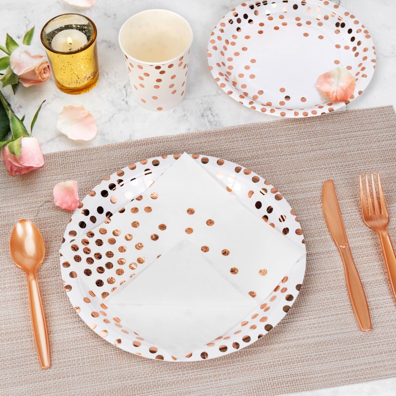 Lzerking Party Supplies Set - 210 Pieces of White and Rose Gold Dot Paper Plates  Cups  Napkins  and Heavy Duty Silverware for 30 Guests for Birthdays  Graduation  Wedding  Festivals - Image 4