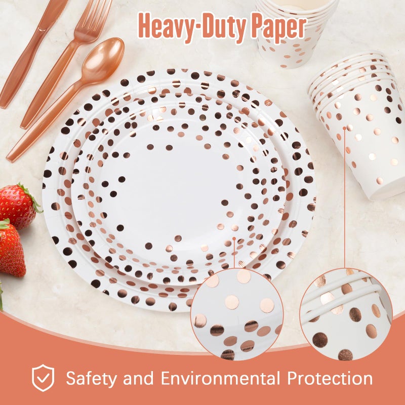 Lzerking Party Supplies Set - 210 Pieces of White and Rose Gold Dot Paper Plates  Cups  Napkins  and Heavy Duty Silverware for 30 Guests for Birthdays  Graduation  Wedding  Festivals - Image 3